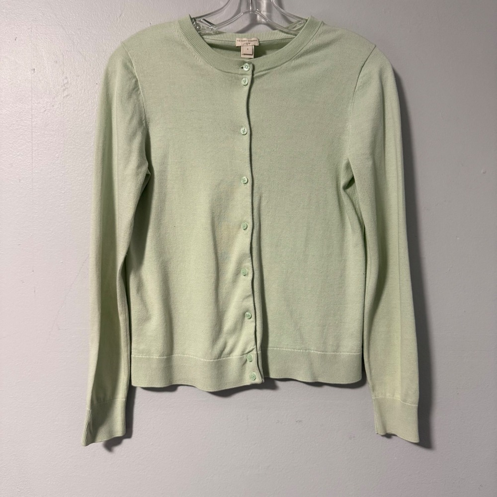 J Crew The Caryn Women's Cardigan Sweater Light Green‎ Crew Neck  100% Cotton S
